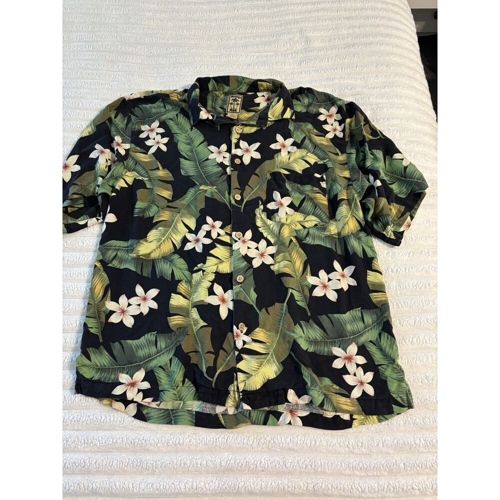 Montego Mon Hawaiian Shirt Men Large Grand Palms Luau Green/Beige 100% Silk EUC
